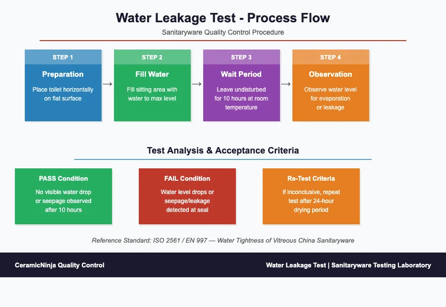 Water Leakage Test - Process Flow Diagram showing the 4-step testing procedure and analysis criteria